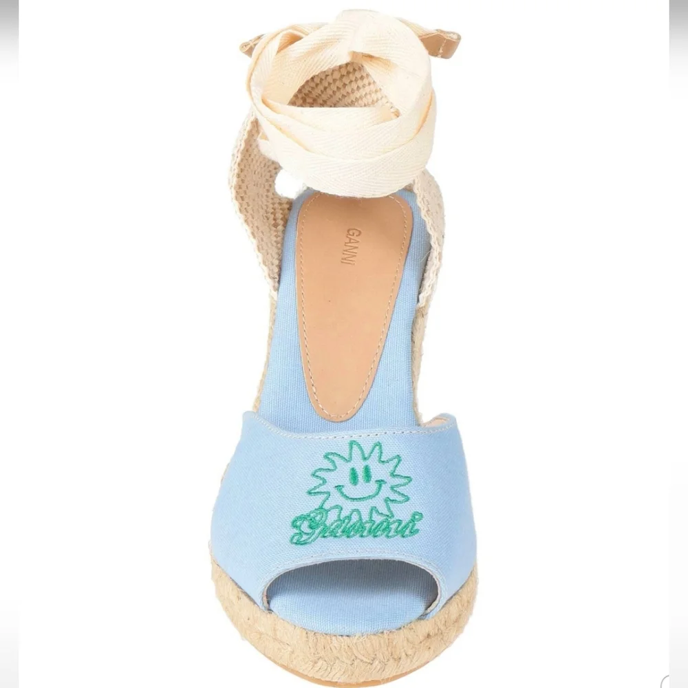 Ganni Canvas Open Toe Wedge Platform Lace Up Espadrilles Light Blue Cream